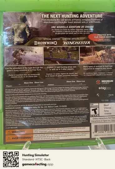 Hunting Simulator Xbox One, NTSC box back