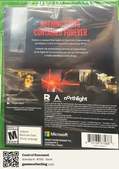 Control Resonant Xbox Series X, NTSC box back