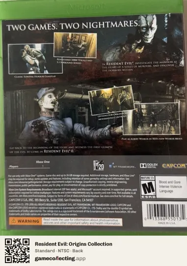 Resident Evil: Origins Collection Xbox One, NTSC box back