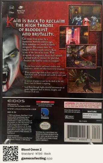 Blood Omen 2 Nintendo GameCube, NTSC box back