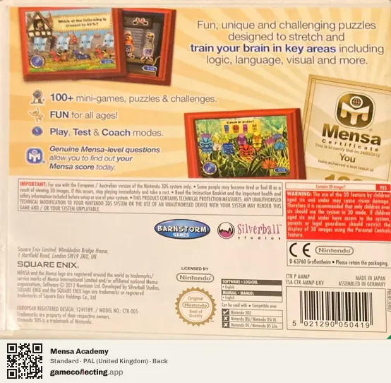 Mensa Academy Nintendo 3DS, United Kingdom box back