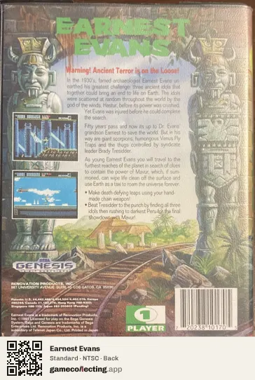 Earnest Evans Sega Mega Drive / Genesis, NTSC box back