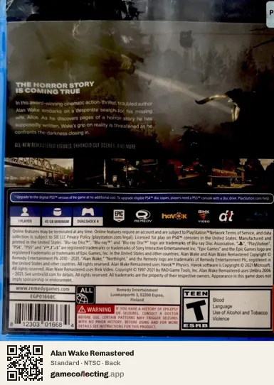 Alan Wake Remastered PlayStation 4, NTSC box back