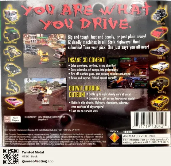 Twisted Metal PlayStation, NTSC box back