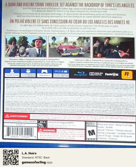 L.A. Noire PlayStation 4, NTSC box back