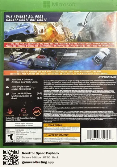 Need for Speed Payback Xbox One, NTSC box back