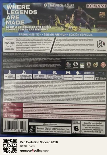 Pro Evolution Soccer 2018 PlayStation 4, NTSC box back
