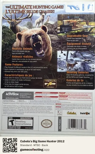 Cabela's Big Game Hunter 2012 Nintendo Wii, NTSC box back