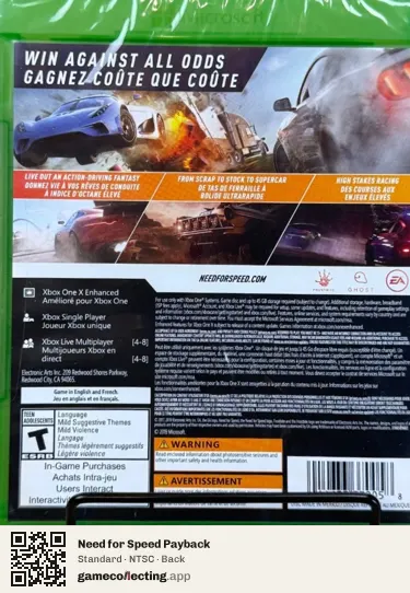 Need for Speed Payback Xbox One, NTSC box back