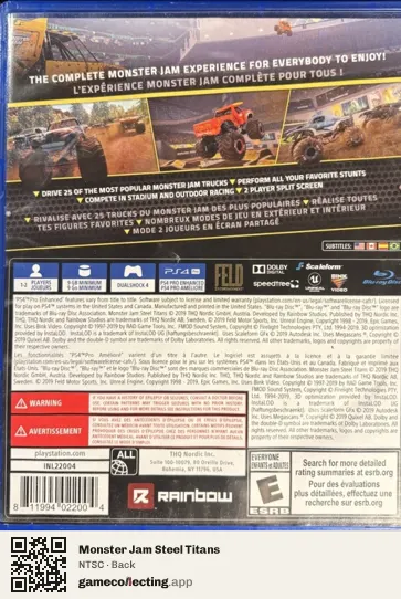Monster Jam Steel Titans PlayStation 4, NTSC box back