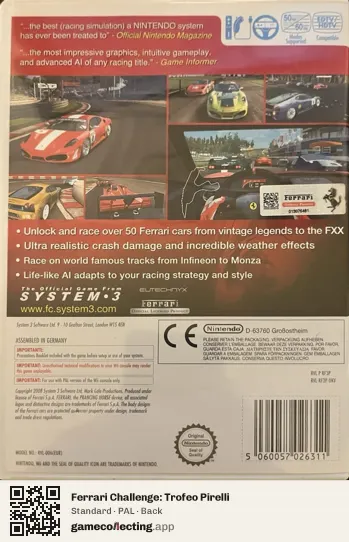 Ferrari Challenge: Trofeo Pirelli Nintendo Wii, PAL box back