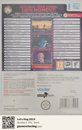 Let's Sing 2019 Nintendo Wii, PAL box back