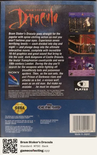 Bram Stoker's Dracula Sega Mega Drive / Genesis, NTSC box back
