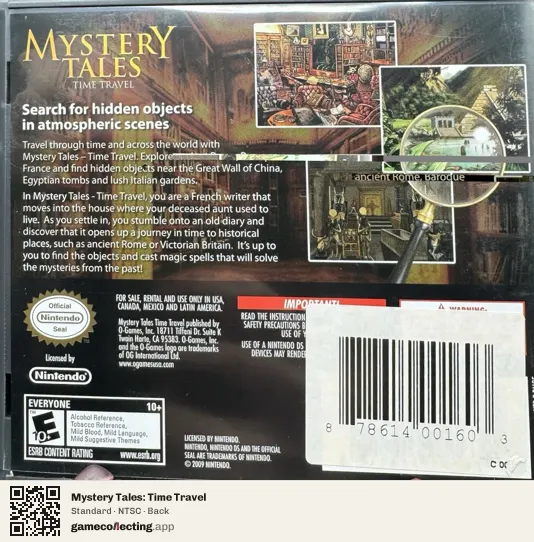 Mystery Tales: Time Travel Nintendo DS, NTSC box back