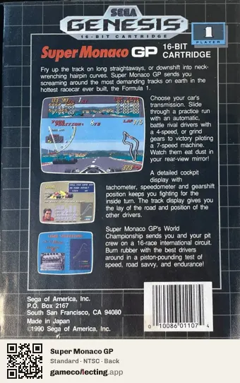 Super Monaco GP Sega Mega Drive / Genesis, NTSC box back