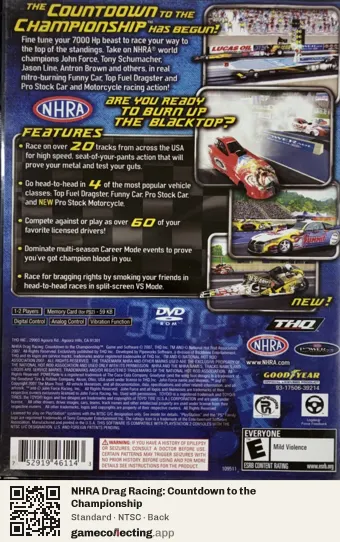 NHRA Drag Racing: Countdown to the Championship PlayStation 2, NTSC box back