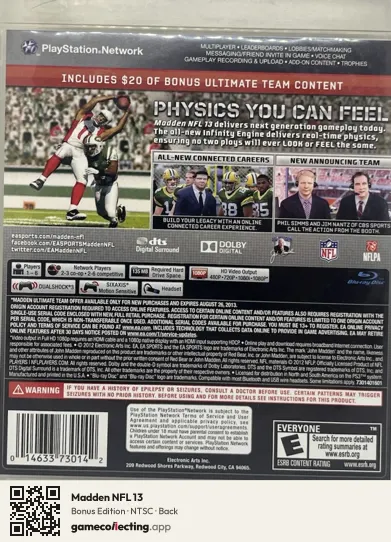 Madden NFL 13 PlayStation 3, NTSC box back