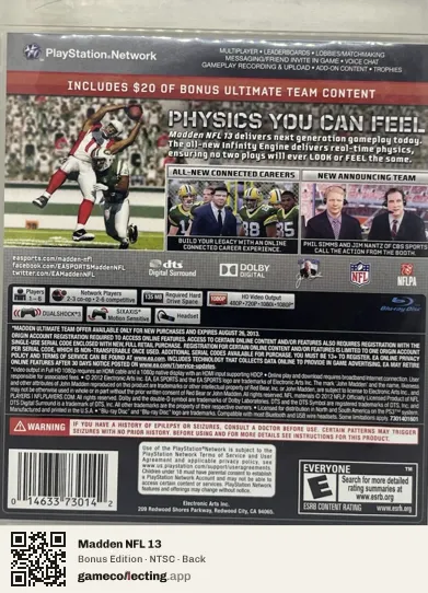 Madden NFL 13 PlayStation 3, NTSC box back