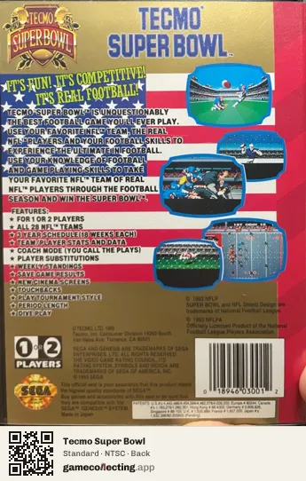 Tecmo Super Bowl Sega Mega Drive / Genesis, NTSC box back