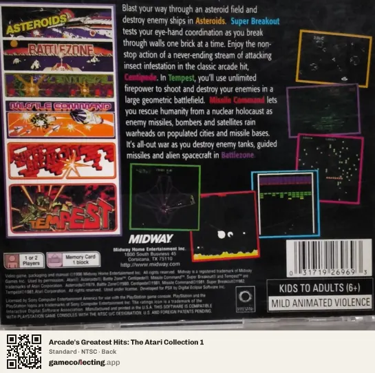 Arcade's Greatest Hits: The Atari Collection 1 PlayStation, NTSC box back