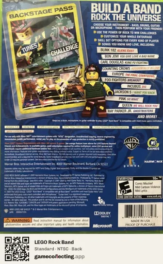 LEGO Rock Band Xbox 360, NTSC box back