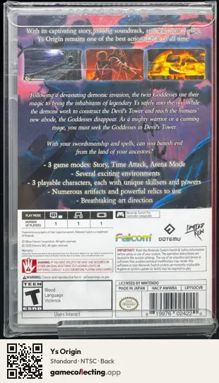 Ys Origin Nintendo Switch, NTSC box back