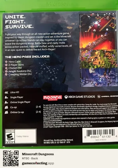 Minecraft Dungeons Xbox One, NTSC box back