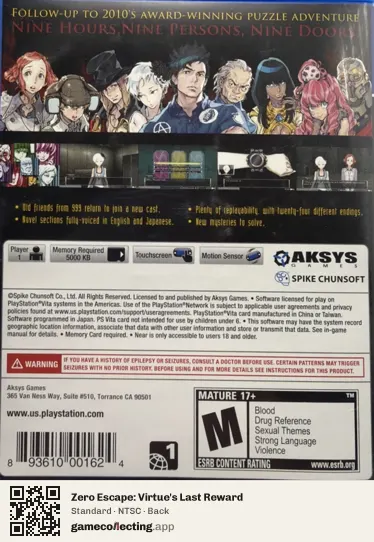 Zero Escape: Virtue's Last Reward PlayStation Vita, NTSC box back