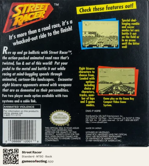 Street Racer Game Boy, NTSC box back