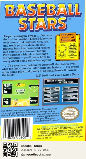 Baseball Stars Nintendo Entertainment System, NTSC box back
