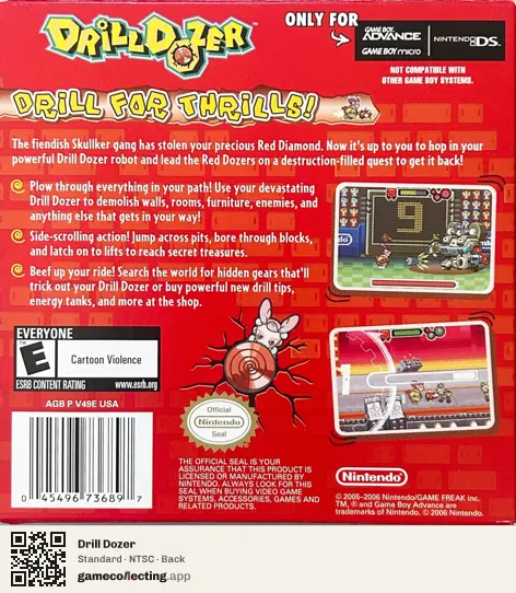 Drill Dozer Game Boy Advance, NTSC box back