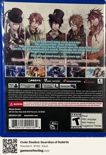 Code: Realize: Guardian of Rebirth PlayStation Vita, NTSC box back