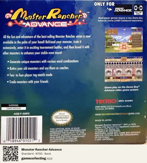 Monster Rancher Advance Game Boy Advance, NTSC box back