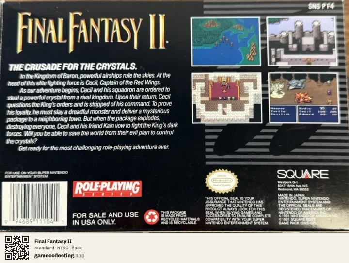 Final Fantasy II Super Nintendo Entertainment System, NTSC box back