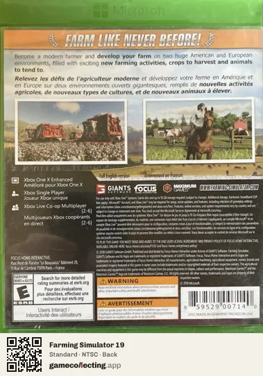 Farming Simulator 19 Xbox One, NTSC box back