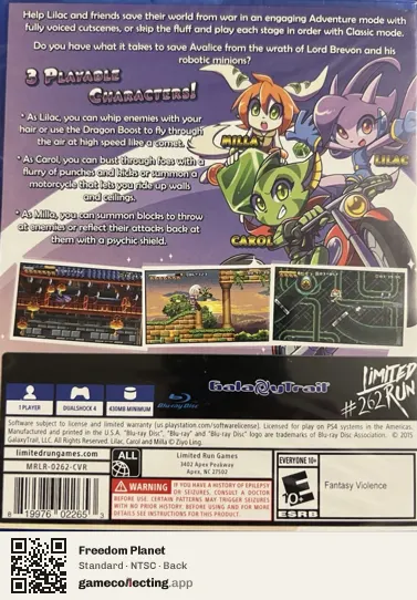 Freedom Planet PlayStation 4, NTSC box back