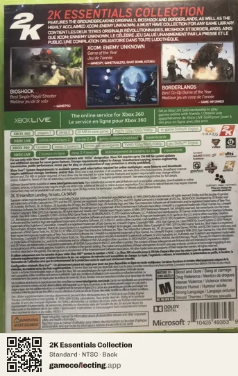 2K Essentials Collection Xbox 360, NTSC box back