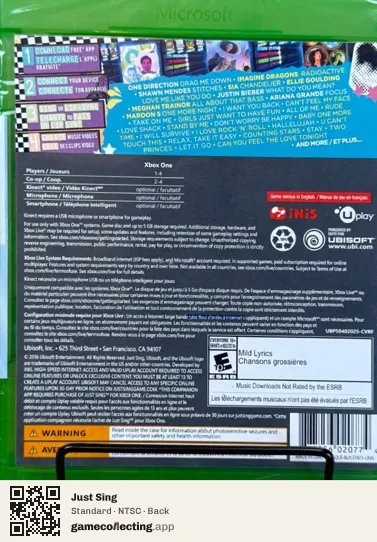 Just Sing Xbox One, NTSC box back