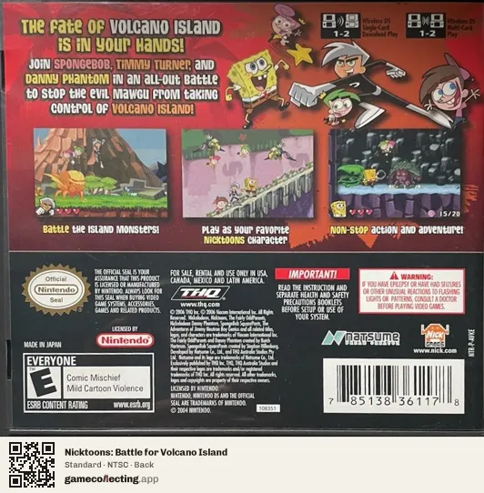 Nicktoons: Battle for Volcano Island Nintendo DS, NTSC box back