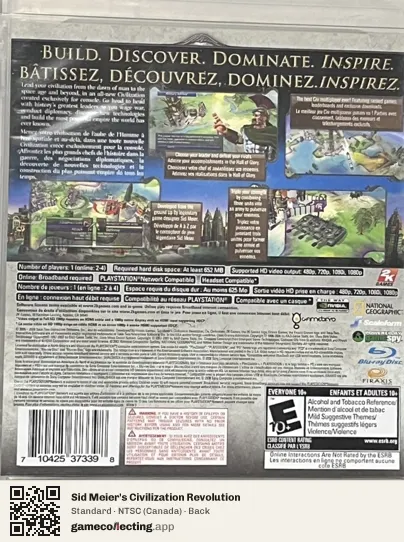 Sid Meier's Civilization Revolution PlayStation 3, Canada box back
