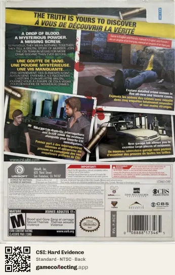 CSI: Hard Evidence Nintendo Wii, NTSC box back