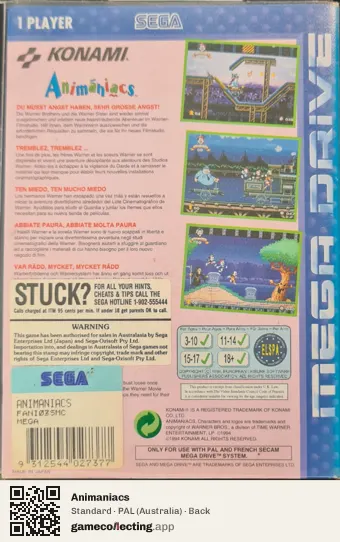 Animaniacs Sega Mega Drive / Genesis, Australia box back