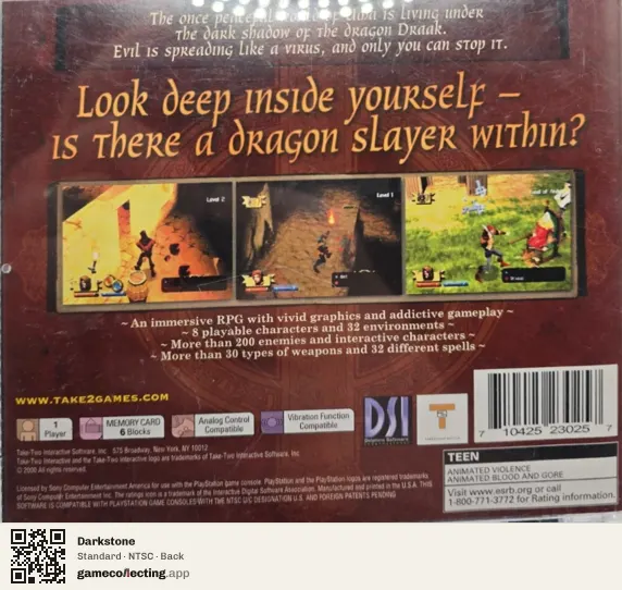 Darkstone PlayStation, NTSC box back