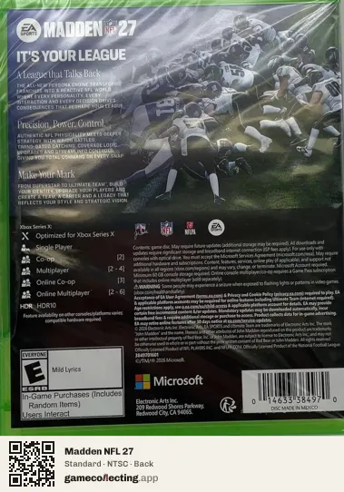 Madden NFL 27 Xbox Series X, NTSC box back