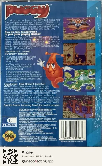 Puggsy Sega Mega-CD / Sega CD, NTSC box back