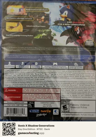 Sonic X Shadow Generations PlayStation 4, NTSC box back