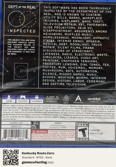 Kentucky Route Zero PlayStation 4, NTSC box back