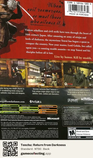 Tenchu: Return from Darkness Xbox, NTSC box back