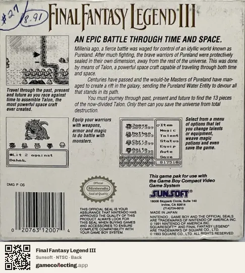 Final Fantasy Legend III Game Boy, NTSC box back