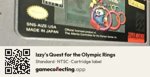 Izzy's Quest for the Olympic Rings Super Nintendo Entertainment System, NTSC cartridge label